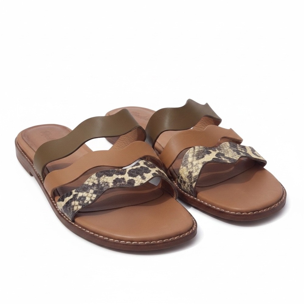 Madewell Wave Slide Colorblock Snake Embossed Leather Sandals Brown Green 9